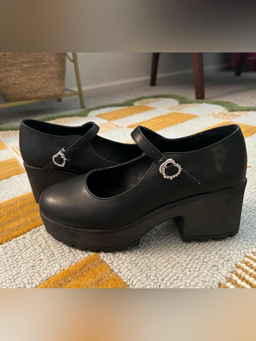 Black Platform Mary Jane Heels with Rhinestone Buckle